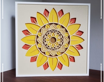 3D-geprinte zonnebloem Mandala Shadowbox | 3D-muurkunst | Ingelijste muurkunst | 3D-geprinte kunst