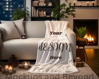 Velveteen Plush Blanket Mockup, Blanket Mockup on living room sofa, JPG and PSD smart object, white blanket for sublimation and POD, blanket