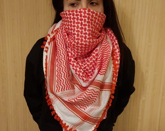 Keffiyeh Palestine Scarf - Free Palestine, Traditional Cotton Shemagh with Tassels, Arafat Hatta Arab Style Headscarf for Men and Women