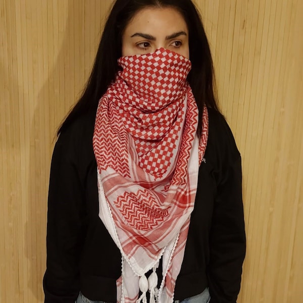 Keffiyeh Palestine Scarf Kufyiah - Traditional Cotton Shemagh with Tassels, Arafat Hatta Arab Style Headscarf for Men and Women, Palestine