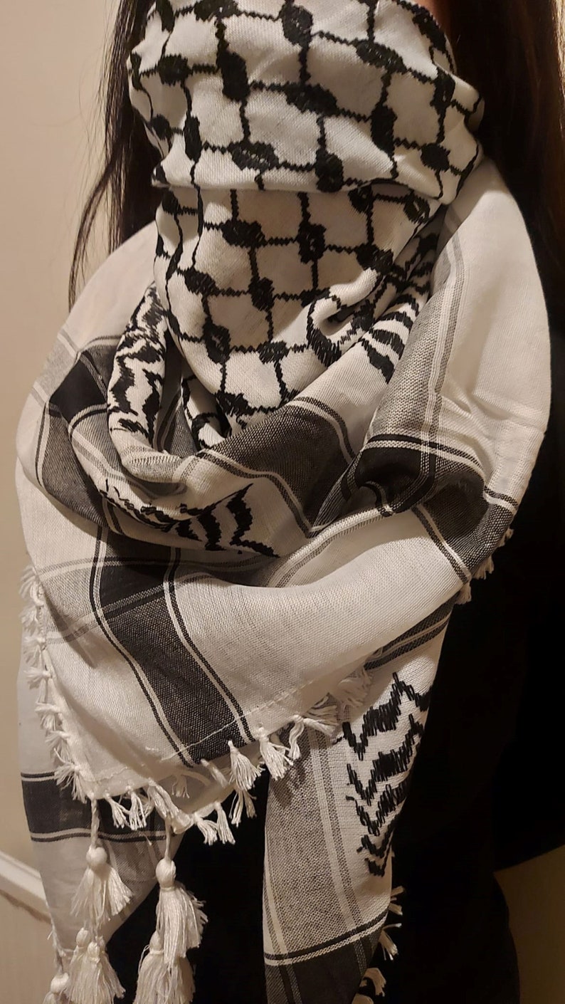 Keffiyeh Palästina Schal Arafat Hatta Kopftuch im arabischen Stil für Männer und Frauen, Traditioneller Baumwollshemagh mit Quasten, Free Palestine Bild 3