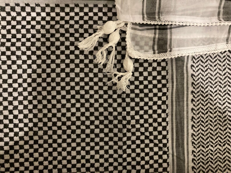 Keffiyeh Palästina Schal Arafat Hatta Kopftuch im arabischen Stil für Männer und Frauen, Traditioneller Baumwollshemagh mit Quasten, Free Palestine White Tassels
