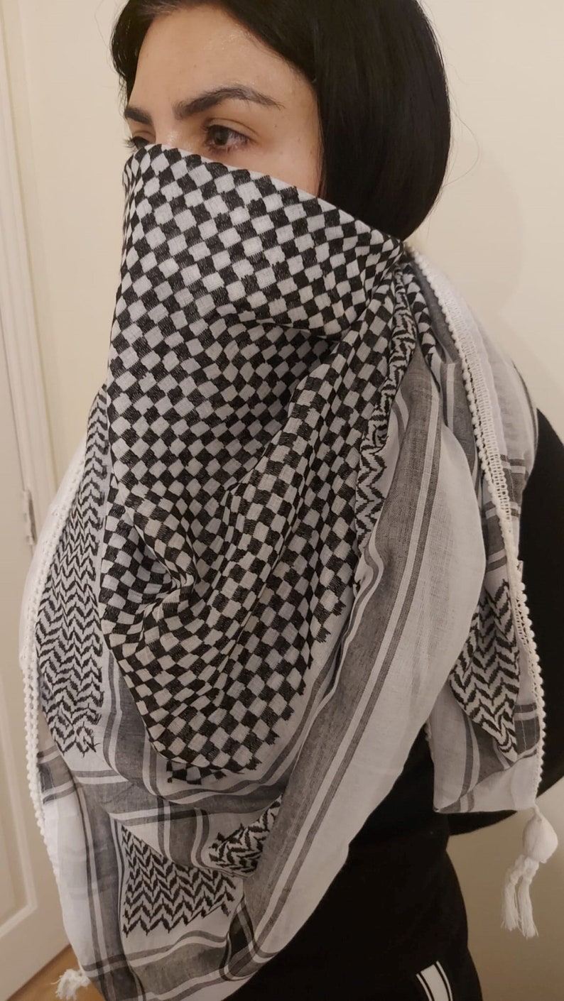 Keffiyeh Palästina Schal Arafat Hatta Kopftuch im arabischen Stil für Männer und Frauen, Traditioneller Baumwollshemagh mit Quasten, Free Palestine Bild 7