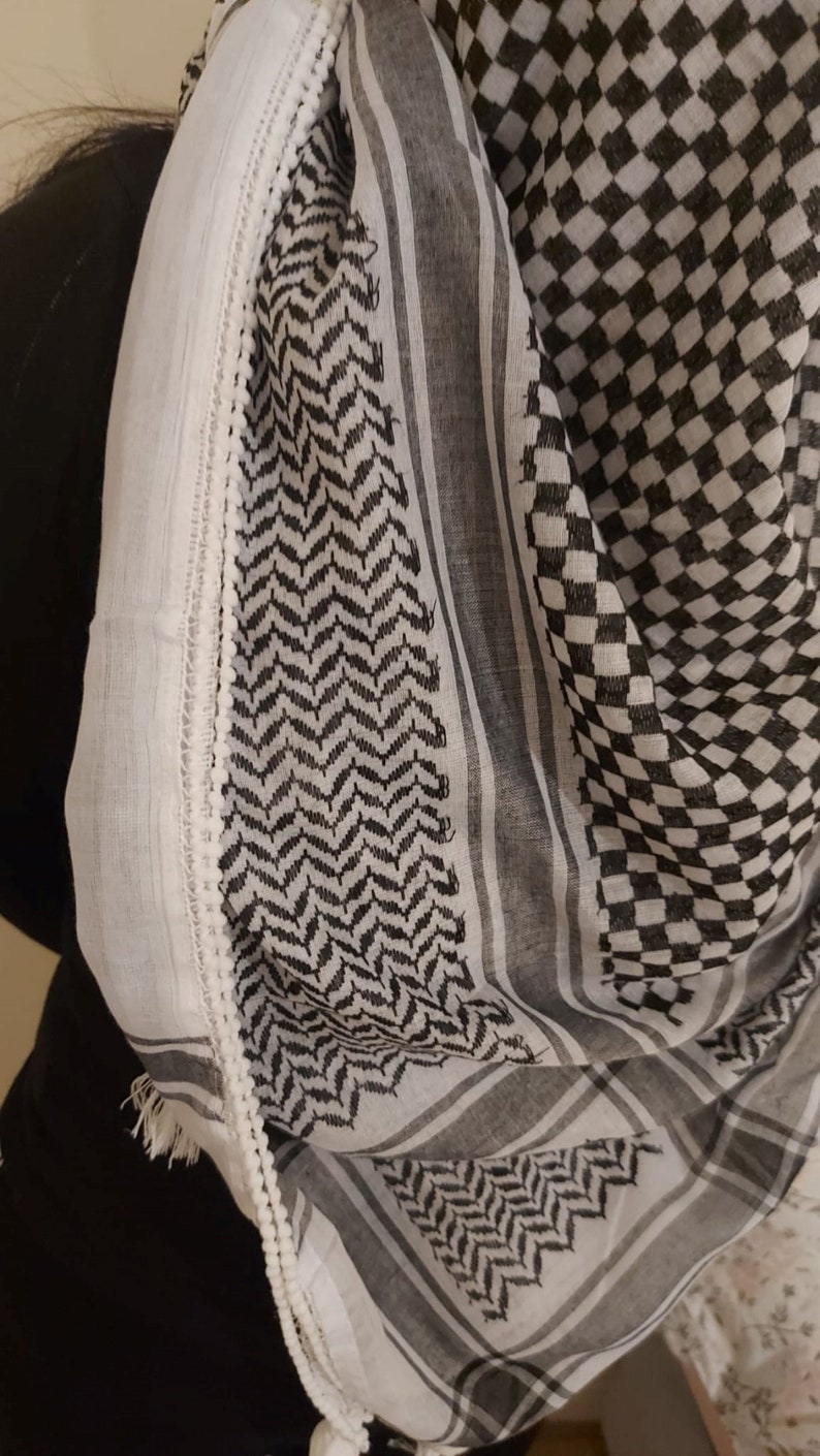 Keffiyeh Palästina Schal Arafat Hatta Kopftuch im arabischen Stil für Männer und Frauen, Traditioneller Baumwollshemagh mit Quasten, Free Palestine Bild 8