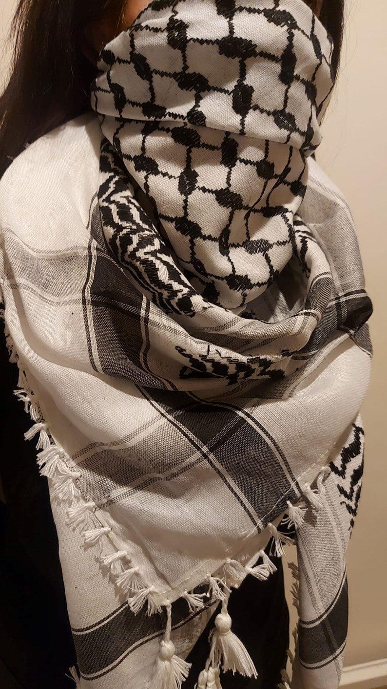 Keffiyeh Palästina Schal Arafat Hatta Kopftuch im arabischen Stil für Männer und Frauen, Traditioneller Baumwollshemagh mit Quasten, Free Palestine Bild 4
