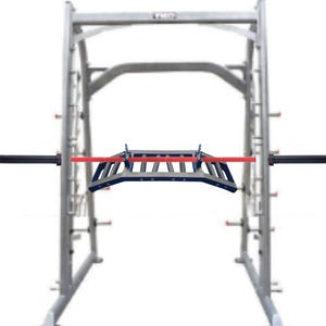 May include: A silver weight machine with a red bar and a black and blue grip attachment. The machine has multiple bars and pegs for weight plates. The grip attachment is designed for pull-ups and other exercises.