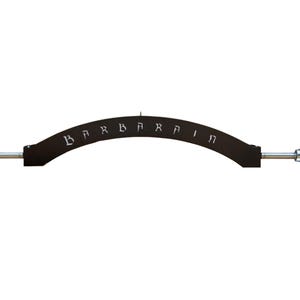 May include: A black barbell with a curved wooden bar that has the word "BARBARIAN" written on it in white letters.