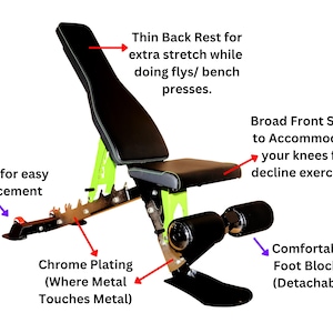 May include: Black and green weight bench with chrome plating. The bench has wheels for easy movement and a thin back rest for extra stretch while doing flys or bench presses. The front seats are broad to accommodate your knees for decline exercises. The bench also has a comfortable foot blocker that is detachable.