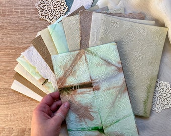 Mixed Pack of Hand dyed Papers, Set of 15 Sheets, Antique Paper for Journaling, Embossed Green Paper, Vintage Lace Paper, Deckle edged paper