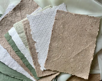 Handmade paper sheet set of 10 for craft, Naturally recycled Deckle edged Eco friendly paper, Antique stationary, Four colors set A4 and A5