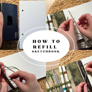 May include: A step-by-step guide on how to refill a sketchbook. The image shows a dark blue hole punch, white paper, a sketchbook cover, and various art supplies. The text "HOW TO REFILL SKETCHBOOK" is in the center of the image.