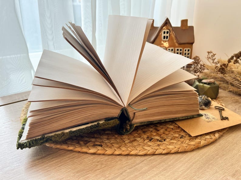 K&ouml;nnte beinhalten: Ein offenes Buch mit einem gr&uuml;nen und braunen Einband, das auf einer geflochtenen Matte liegt. Das Buch ist auf einer leeren Seite aufgeschlagen, wobei die Seiten aufgef&auml;chert sind.