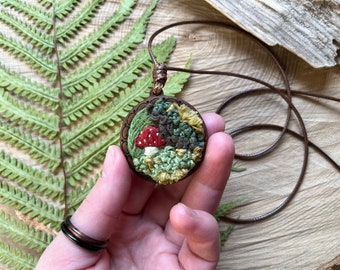 Cottage Fairy mushroom moss necklace, Embroidered jewelry, Hand stitched mushroom, Woodland jewelry, Miniature Accessories, Mushroom gift