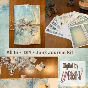 Könnte beinhalten: Ein digitales Junk Journal Kit mit Winterthema. Das Kit enthält eine Vielzahl von Papieren, Etiketten und Verzierungen. Die Papiere haben ein blaues und weißes Farbschema mit Schneeflocken und anderen winterlichen Designs. Das Kit enthält auch einen digitalen Journal-Umschlag mit einem blauen und weißen Farbschema und dem Text "Peace on Earth".