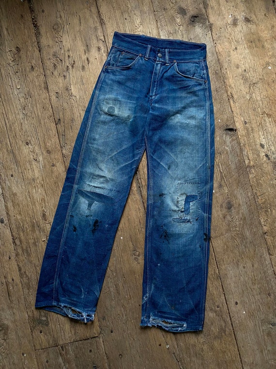 Vintage 1950s Farm Worn Patched Denim Jeans 27x30 - image 1