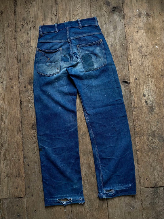 Vintage 1950s Farm Worn Patched Denim Jeans 27x30 - image 4