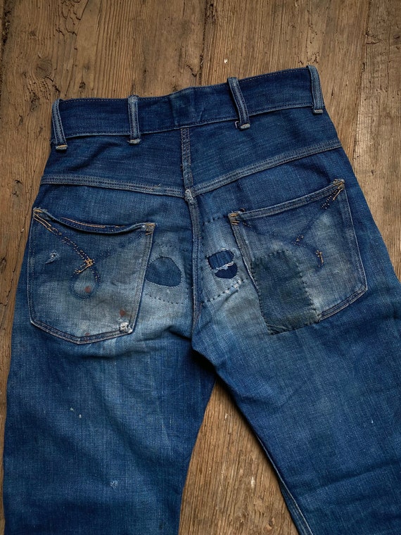 Vintage 1950s Farm Worn Patched Denim Jeans 27x30 - image 3