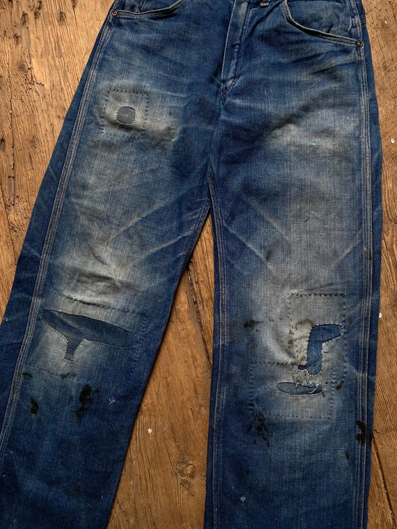 Vintage 1950s Farm Worn Patched Denim Jeans 27x30 - image 2