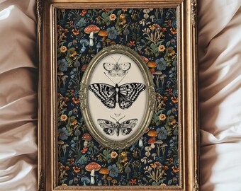 Vintage Mushroom Art Print, Moth Art Print, Printable Cottagecore Wall Art, Nature Forest Home Decor, Downloadable  Print, Floral Wall Art