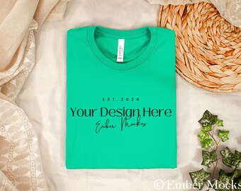 Bella Canvas 3001 Boho Mockup, Heather Kelly Bella Canvas Mockup, Crew Neck Shirt T-Shirt Mockup, Folded T-Shirt Mockup, POD Flat Lay Mockup