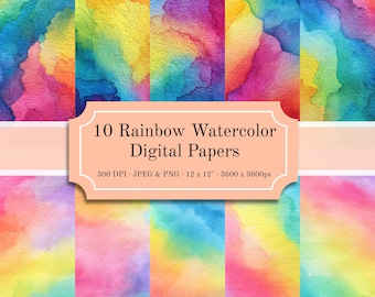 Rainbow Watercolor Digital Papers, Printable Scrapbooking Backgrounds, Junk Journal, Textured Paper, Vibrant Scrapbook, 12x12 PDF Download