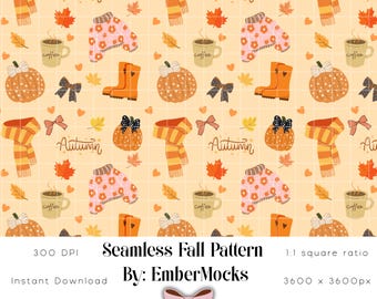 Cozy Fall Halloween Seamless Pattern: Cute Digital Autumn Paper, Coquette Girly Fall  12 x 12 PNG Design for Scrapbooking, Wrapping Paper