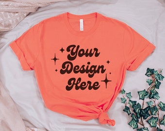 Bella Canvas 3001 Mockup, Coral Bella Canvas T-Shirt Mockup, Womens Knotted T-Shirt Mock, Bella Canvas Digital Download, T Shirt Stock Photo