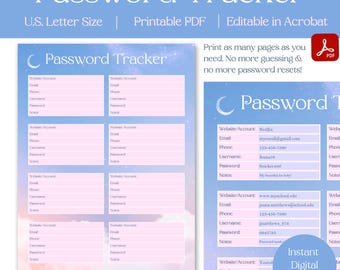 Printable Password Log Tracker, Password Sheet, Track Passcodes PDF, Remember Business and Personal Passwords, Password Keeper, U.S Letter