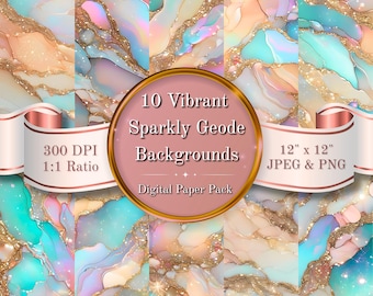 Pastel Geode Digital Papers, Printable Scrapbook Backgrounds, Soft Rainbow Themed Junk Journal, Textured Vibrant Paper, 12x12 PDF Download