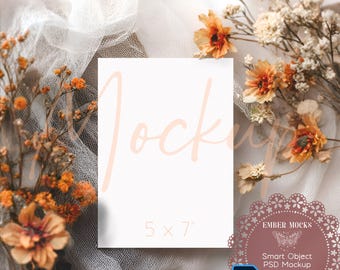 Boho Wedding Invitation Mockup, Fall Greeting Card Template, 5 x 7" Vertical Flat Lay Thank You Card Mockup, Modern Smart Object Mockup