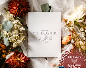 Boho Wedding Invitation Mockup, Fall Greeting Card Template, 5 x 7" Vertical Flat Lay Print Fall Season Mockup, Modern Smart Object Mockup