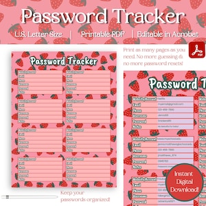 Może przedstawiać: Różowy tracker haseł, do wydruku w formacie PDF, ze wzorem truskawek. Projekt zawiera pola na stronę internetową/konto, e-mail, telefon, nazwę użytkownika, hasło i notatki. U góry widnieje napis "Password Tracker".