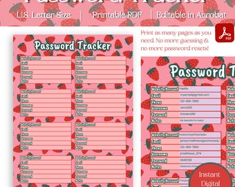 Printable Password Log Tracker, Cute Password Sheet, Track Passcodes PDF, Strawberry Pattern Password Sheet, Password Keeper, U.S Letter