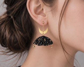 Gothic Moth Polymer Clay Dangle Drop Earrings 18k Ball Pin Stud Earrings Autumn Halloween Black Halloween Bookish Fantasy Cottagecore