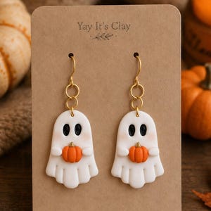 Geist Kürbis Hängeohrringe Halloween Herbst Gold Fish Hooks Polymer Clay Spooky Dangle Drop Charm Ohrhänger Schmuck Geschenk Cute Pumpkin