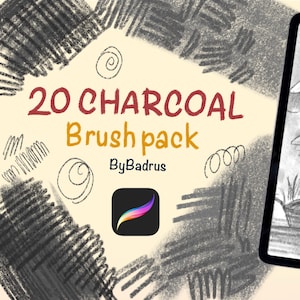 May include: An iPad displays a charcoal drawing of mushrooms and ferns. The image is part of a "20 Charcoal Brush pack" by Badrus, with the Procreate app logo visible. The background features charcoal strokes and swirls.