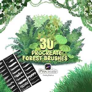 May include: An illustration featuring a collection of 30 Procreate forest brushes. The image showcases various green foliage elements, including ferns and large leaves, with the text "30 Procreate Forest Brushes" in a yellow font. A Procreate logo is also visible.