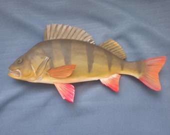 European perch, Perca fluviatilis, 11-15 inches 3D wall wooden fish, one side hand carved and painted, perch, common perch, redfin perch