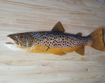 Brown trout, Salmo trutta, river trout, 11-15 inches 3D wooden fish, both sides hand carved and painted, fishing trophy, fish carving