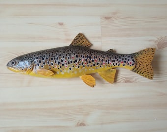 Brown trout, Salmo trutta, river trout, 16-20 inches 3D wall wooden, one side hand carved and painted, fish carving, fishing trophy