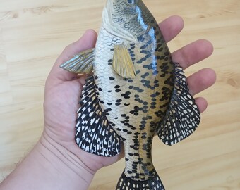 Black crappie, Pomoxis nigromaculatus, 5-10 inches 3D wooden fish, both sides hand carved and painted, fishing trophy, fish carving