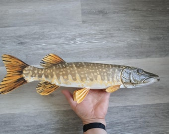 Lucio del norte, Esox lucius, Lucio, pez de madera 3D de 16-20 pulgadas, ambos lados tallados y pintados a mano, tallado de peces, trofeo de lucio, trofeo de pesca