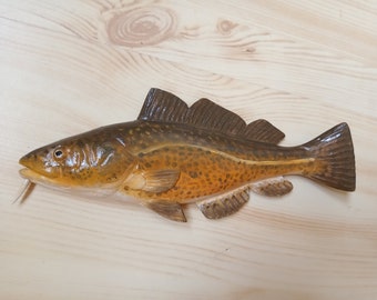 Atlantic Cod, Gadus morhua, Cod, 5-10 inches 3D wall wooden fish, one side hand carved and painted,fishing trophy,reduced size