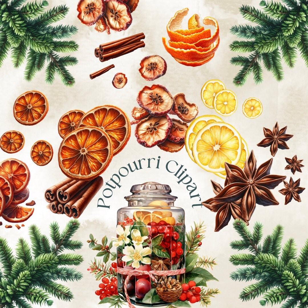 Christmas Potpourri Clipart, Realistic Clipart, Watercolor Christmas