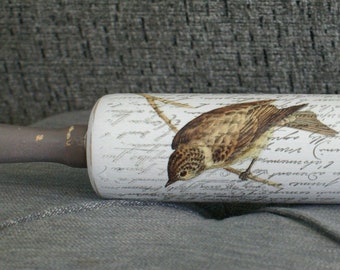 Wooden Rolling Pin Hand Painted Decorated in Vintage French Country Style Birds