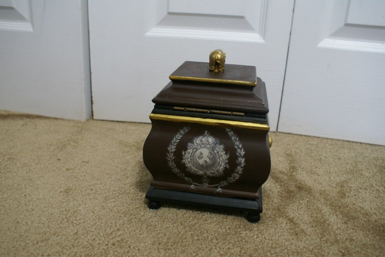 Wood Box with Hinged Lid Elephant Small Hand Painted Decorated Black Brown Gold image 4