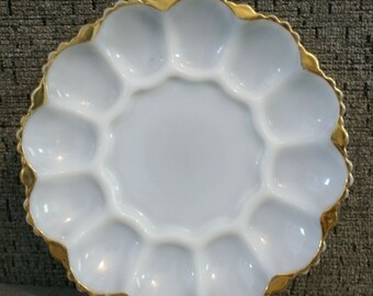 Vintage Anchor Hocking Fire King Egg Oyster Tray Dish Platter White Milk Glass Gold Trim 1950's