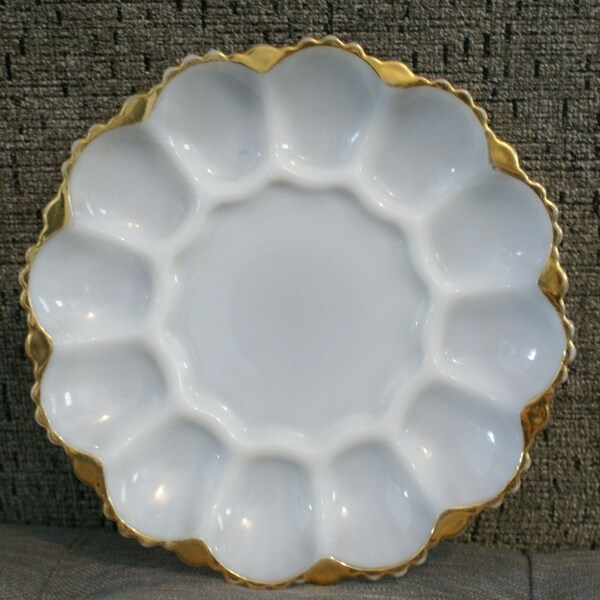 Vintage Anchor Hocking Fire King Egg Oyster Tray Dish Platter White Milk Glass Gold Trim 1950's