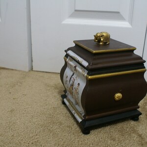 Wood Box with Hinged Lid Elephant Small Hand Painted Decorated Black Brown Gold image 2