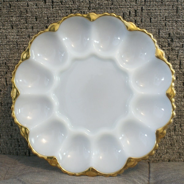 Vintage Egg Oyster Tray Plate Platter Round White Anchor Hocking Fire King Milk Glass 1970's